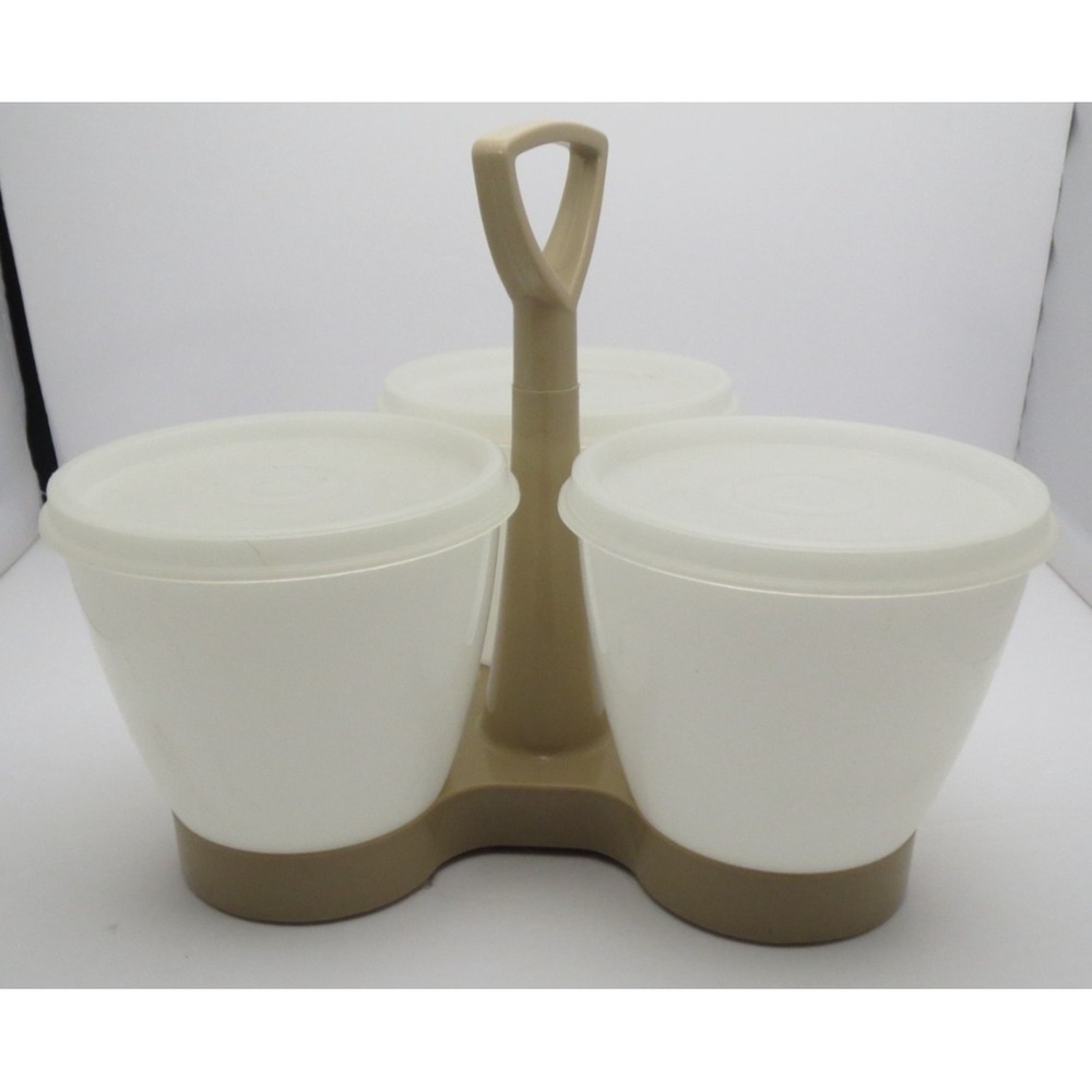 Tupperware 3 Condiment‎ Caddy Server Set with Tupper Seal Lids Tan 758 Vintage